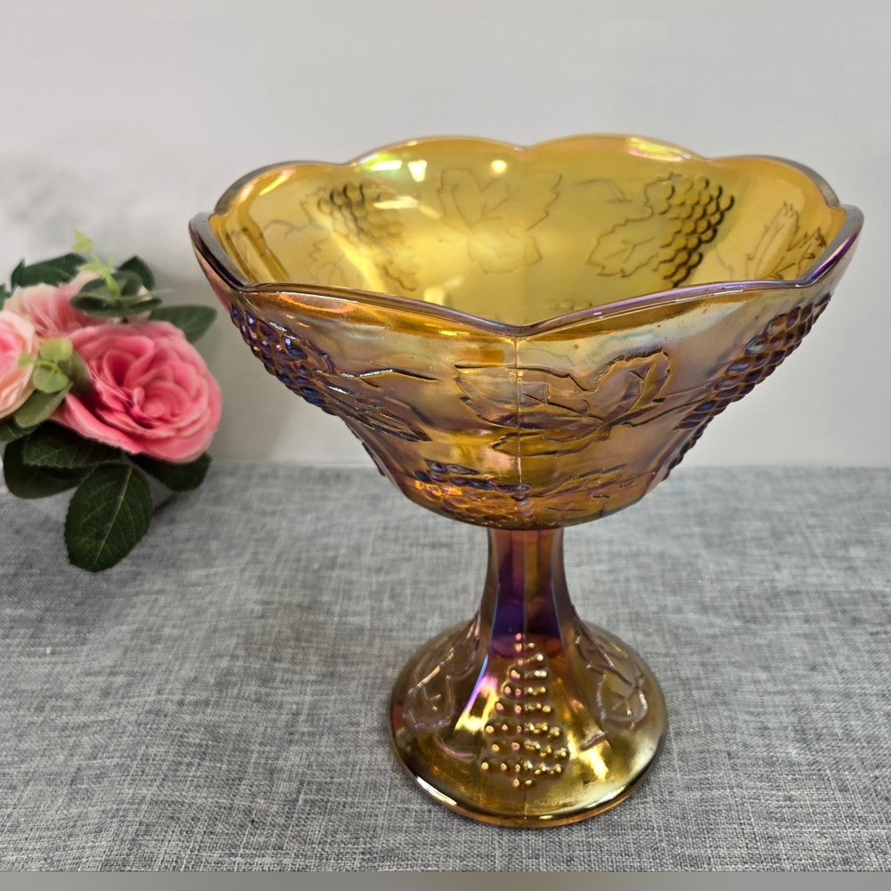 Vintage Amber Iridescent Gold Carnival Indiana Glass Harvest 8"‎ Pedestal Bowl